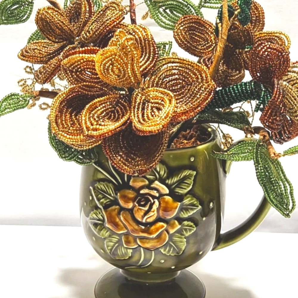 MCM Beaded Glass Flower Arrangement In Ceramic Mug